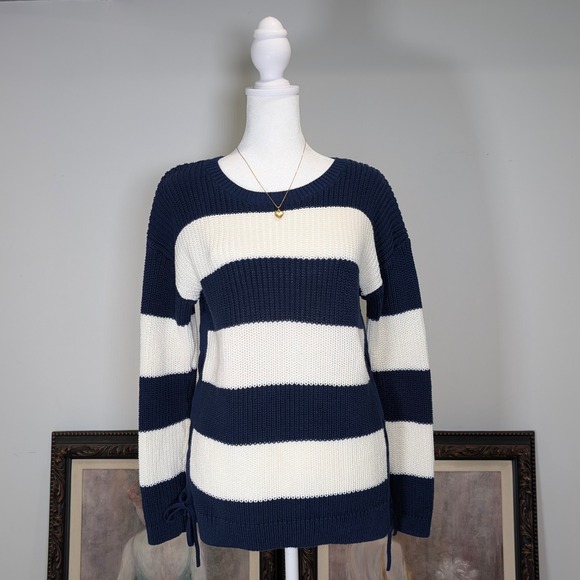 Talbots Sweaters - Talbots Striped Nautical Coastal Vibe Knit Sweater Lace Up Side Navy Cream‎ M